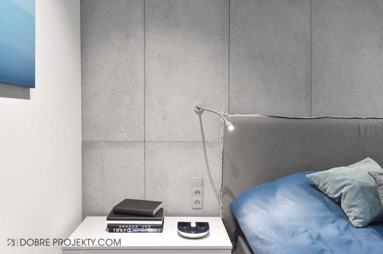 Projekt wnętrza domu beton na ścianie w sypialni