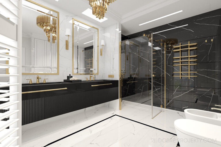 Wizualizacja eleganckiej łazienki ze złotymi dodatkami.