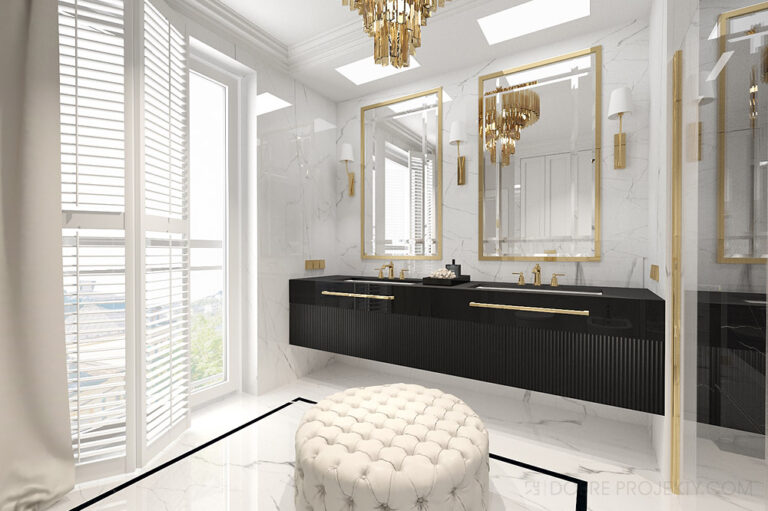 Projekt wnętrza luksusowej łazienki marmur i złoto
